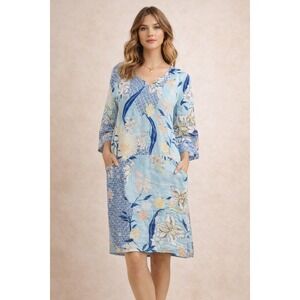 Malvin Linen Floral Shift Dress Blue Pockets Summer Cottagecore M